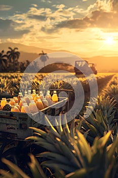 Cargo truck carrying bottles with pineapple juice in an orchard.