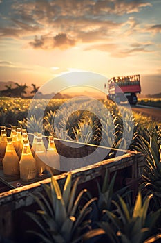 Cargo truck carrying bottles with pineapple juice in an orchard with sunset.