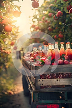 Cargo truck carrying bottles with pomegranate juice in an orchard.