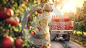 Cargo truck carrying bottles with pomegranate juice in an orchard.