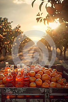Cargo truck carrying bottles with tangerine juice in an orchard.
