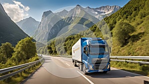 A cargo truck is driving in high-speed on highway along mountains