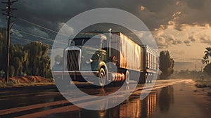 Cargo truck driving in the night or sundown. Transportation industry scene with long haul car.