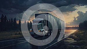 Cargo truck driving in the night or sundown. Transportation industry scene with long haul car.