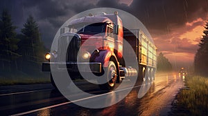 Cargo truck driving in the night or sundown. Transportation industry scene with long haul car.