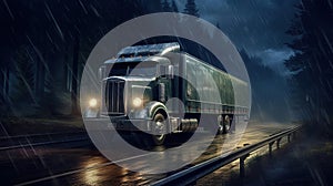 Cargo truck driving in the night or sundown. Transportation industry scene with long haul car.