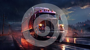 Cargo truck driving in the night or sundown. Transportation industry scene with long haul car.