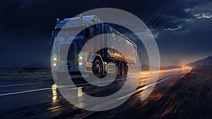 Cargo truck driving in the night or sundown. Transportation industry scene with long haul car.