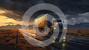 Cargo truck driving in the night or sundown. Transportation industry scene with long haul car.