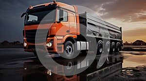 Cargo truck driving in the night or sundown. Transportation industry scene with long haul car.