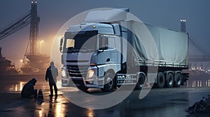 Cargo truck driving in the night or sundown. Transportation industry scene with long haul car. Generated AI.