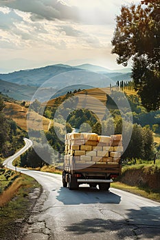 Cargo truck full of cheese products on the road in the pasture in tuscany countryside.