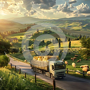 Cargo truck full of cheese products on the road in a tuscany countryside.