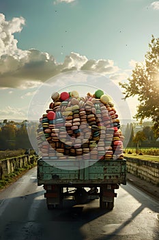 Cargo truck full of macarons on the road in the french countryside.