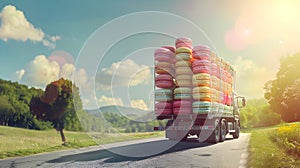 Cargo truck full of macarons on the road in the french countryside.
