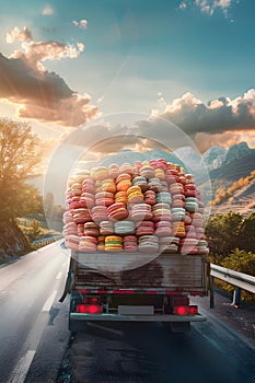 Cargo truck full of macarons on the road in the french countryside.