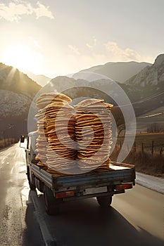 Cargo truck full of pancakes on the road in the french countryside.