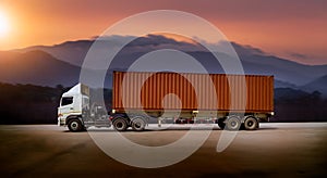 Cargo truck with heavy container speed on high way road to delivery logistic business with sun sky background.