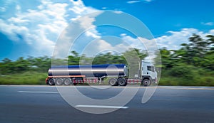 Cargo truck with heavy container speed on high way road to delivery logistic business with sun sky background.