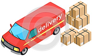 Cargo truck loading parcel package boxes or delivery van vehicle, car with freight, postal logistics