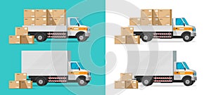 Cargo truck loading parcel package boxes or delivery van vehicle vector illustration, flat cartoon industrial automobile