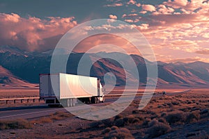 Cargo truck in motion with a white empty trailer on a highway road in the united states