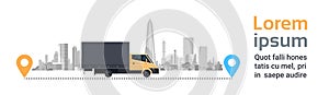 Cargo Truck Over Silhouette City Background On Route. Transportation And Delivery Service Concept Horizontal Banner