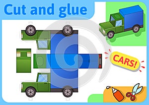 Cargo truck paper model. Small home craft project, paper game. Cut out, fold and glue. Cutouts for children. Vector photo