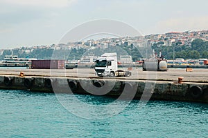 Cargo truck parked at the sea port. Asian side of Istanbul, Turkey.