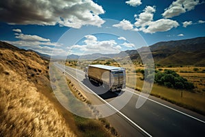 Cargo Truck. Semi Truck. Truck with Container on Road on a background with a Copy Space.
