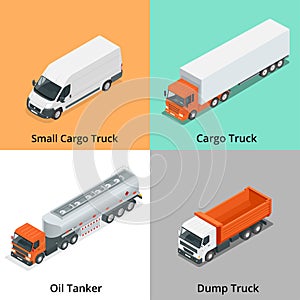 Cargo Truck set icons. Snow Plow Truck, Small Cargo Truck, Concrete Mixer, Dump Truck, Oil Tanker, Garbage Truck. Truck