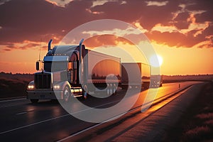 Cargo Trucks on the Highway at Sunset carrying merchendise.