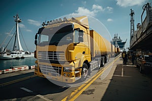 Cargo trucks transfer cargo at the port