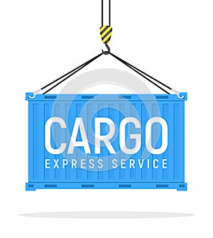 Cargo vector crane blue box flat illustration. Cargo metal box storage design side view on white