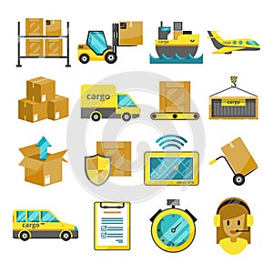 Cargo vector icon set isolated. Airplane, harbor ships, logistic conveyer