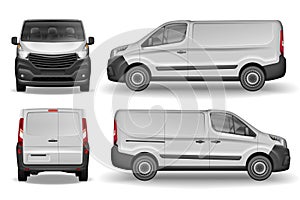 Cargo vehicle front, side and rear view. Silver delivery mini van . Delivery Van Mockup for Advertising and