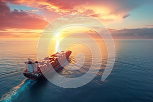 Cargo vessel glides through water surface at sunset