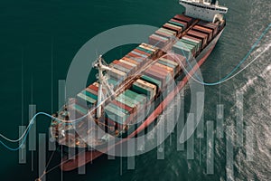 Cargo vessel in seaport top view. Commerce logistic oversea worldwide by container cargo ship boat in the open sea. Generative AI