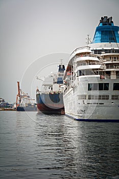 Cargo vessels and cruisers at a ship repair zone