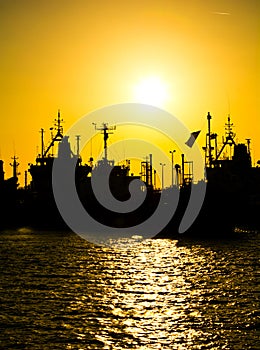 Cargo vessels at the sunset