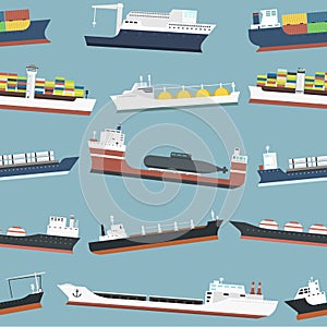 Cargo vessels and tankers shipping delivery bulk carrier freight boat seamless pattern background vector illustration