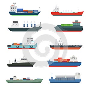 Cargo vessels and tankers shipping delivery bulk carrier train freight boat tankers isolated vector illustration