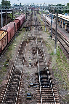 Cargo wagon, railway carriage, rail freight cars on rails