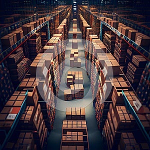 Cargo warehouse with rows of boxes. 3d rendering toned image