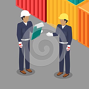 Cargo Worker and Foreman Talking in Warehouse.