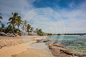 Caribbean beach with a lot of palms and white sand, Dominican Republic. Sunny warm day at the sea under palm trees. Sun loungers