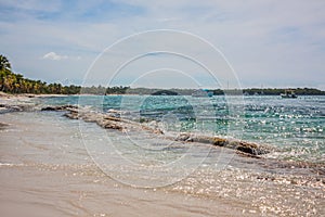 Caribbean beach with a lot of palms and white sand, Dominican Republic. Sunny warm day at the sea under palm trees. Sun loungers