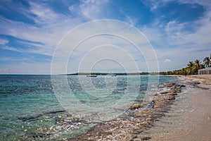 Caribbean beach with a lot of palms and white sand, Dominican Republic. Sunny warm day at the sea under palm trees. Sun loungers