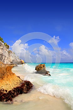 Caribbean beach in Tulum Mexico under Mayan ruins