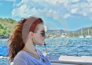 Caribbean boat trip. Woman portrait. Saint Vincent and the Grenadines.